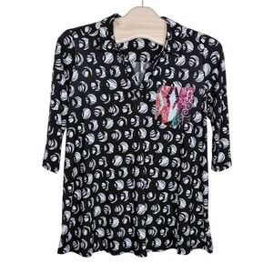Attitudes by Renee Tunic Top 1X Black White Circle Print 3/4 Sleeve Pocket